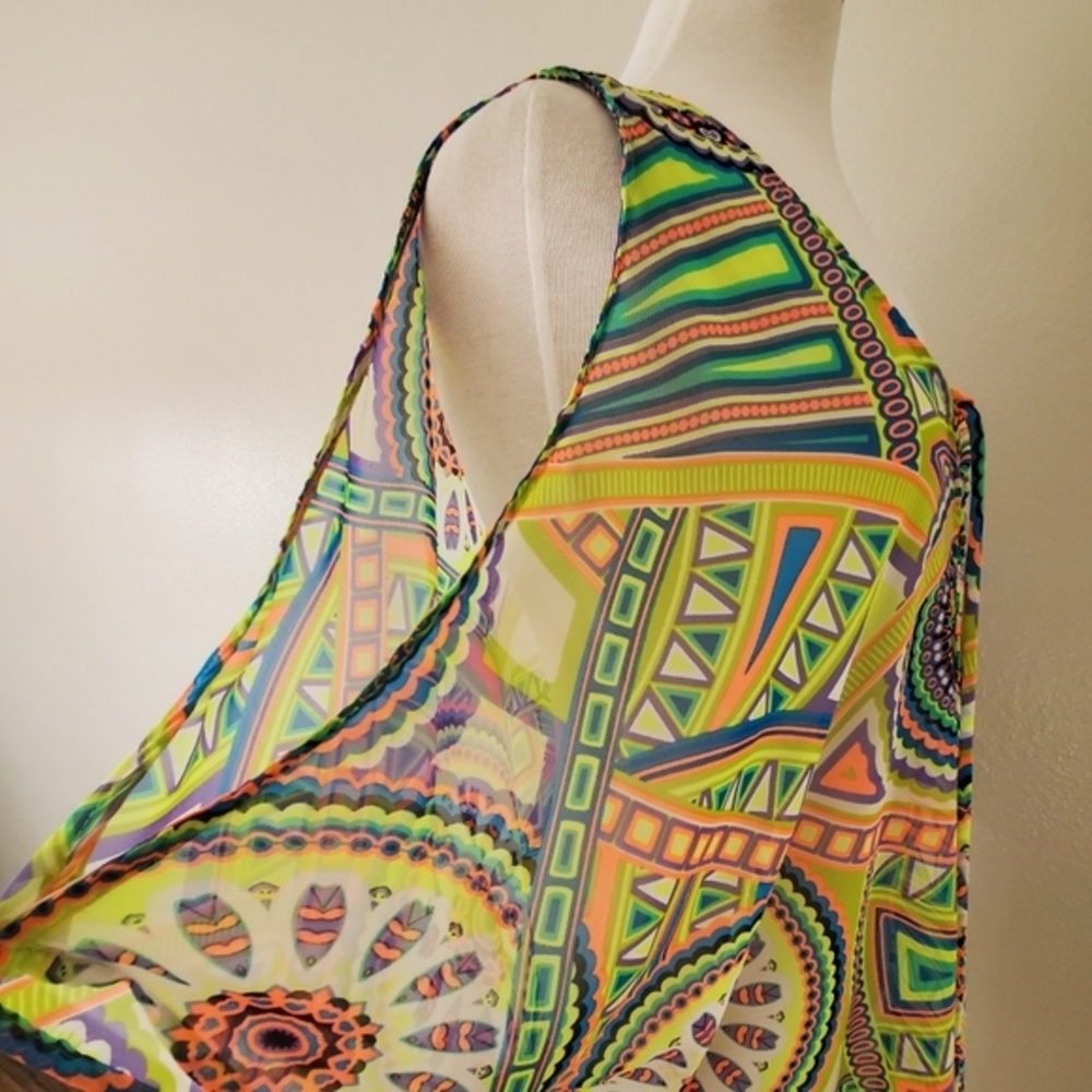 LUSH sheer tribal swim cover up long printed tunic beach festival resort OS - Picture 5 of 8